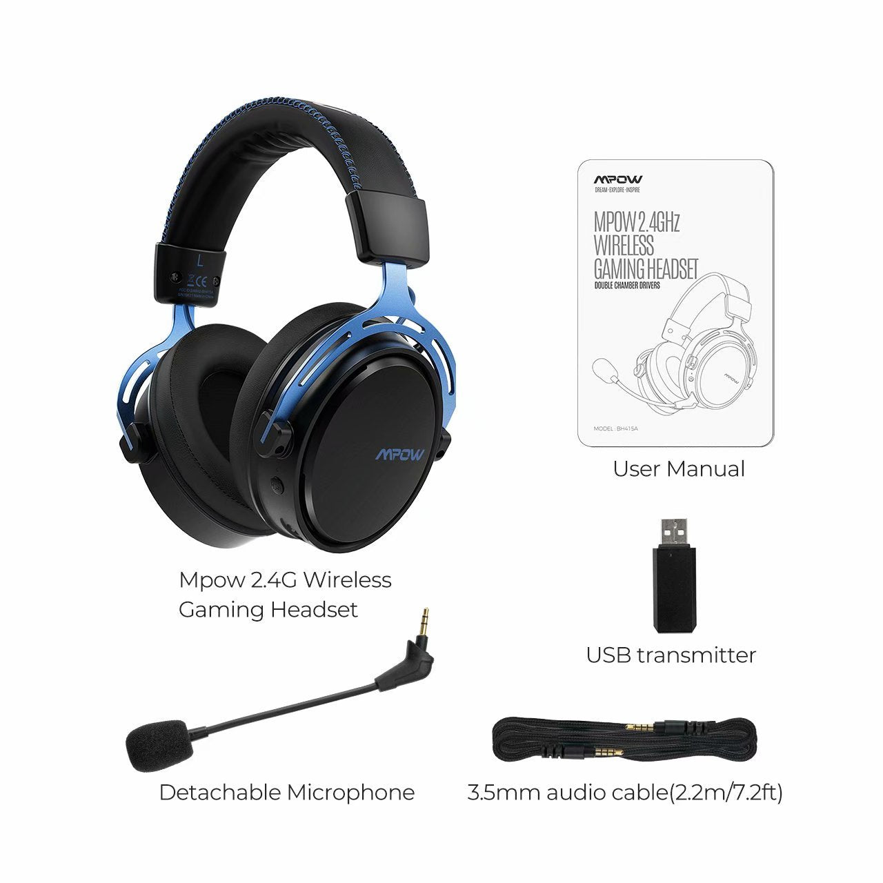 Casti Gaming Mpow Air 2.4g Wireless pentru PlayStation PS4, PS5, PC, Microfon cu Noise Cancelling, NOU Albastru