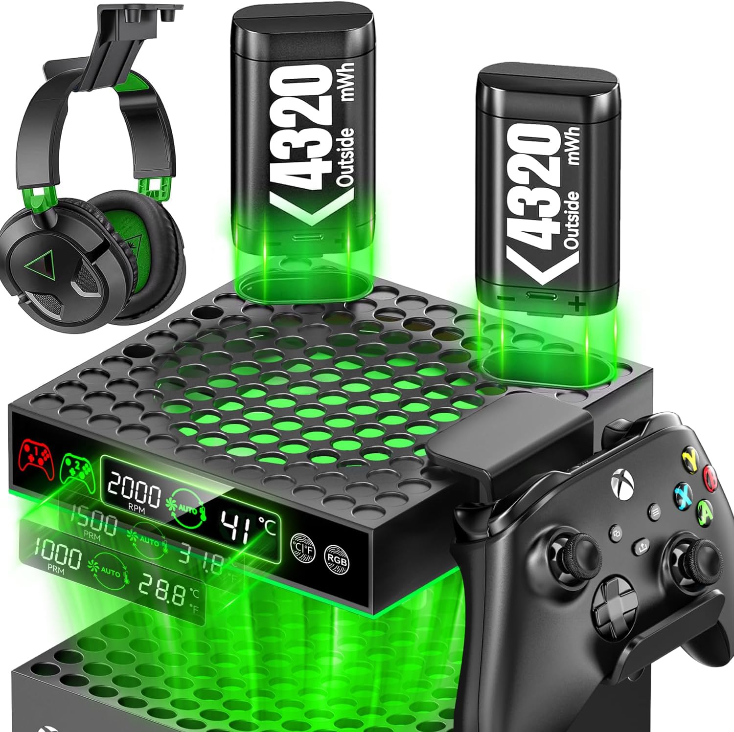 Stație încărcare consolă XBOX Series X/S cu suport controller RGB LED USB/Type-C ventilator răcire Negru