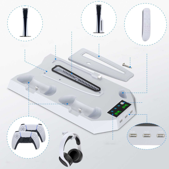 Suport de răcire și încărcare pentru PlayStation 5 PS5 / PS5 Pro / PS5 Slim, 3 viteze, 3 porturi USB, Alb Second-Hand SH