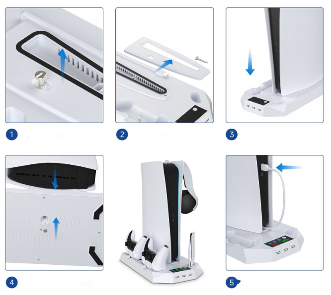 Suport de răcire și încărcare pentru PlayStation 5 PS5 / PS5 Pro / PS5 Slim, 3 viteze, 3 porturi USB, Alb Second-Hand SH