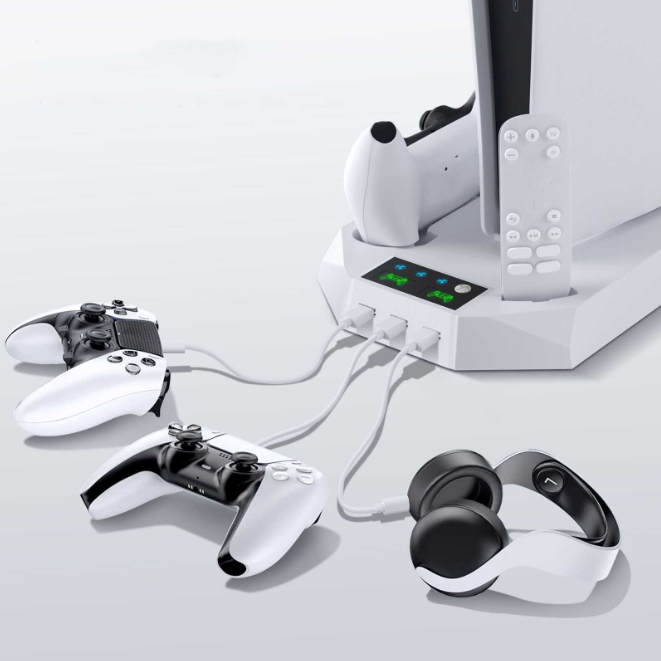 Suport de răcire și încărcare pentru PlayStation 5 PS5 / PS5 Pro / PS5 Slim, 3 viteze, 3 porturi USB, Alb Second-Hand SH