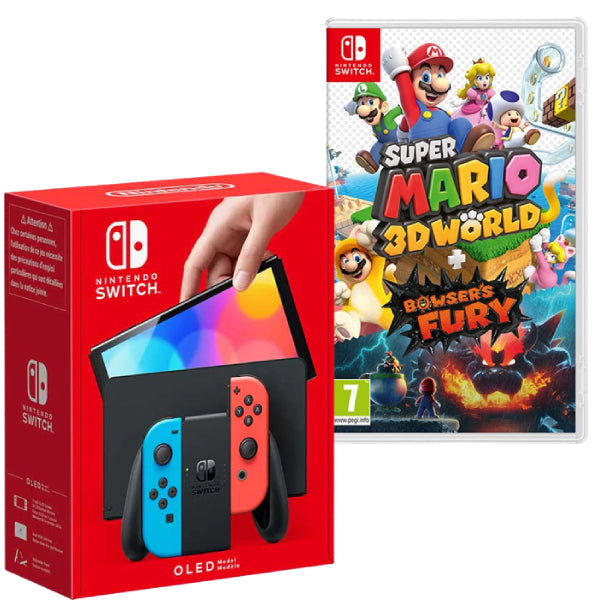Consola Nintendo Switch OLED cu Joy-Cons RED/BLUE + Joc Super Mario 3D World: Bowser’s Fury NOU